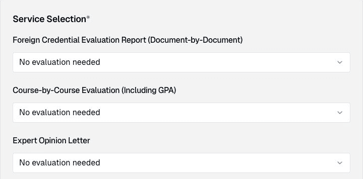 AET Services step with Document-by-Document, Course-by-Course, and Expert Opinion Letter options